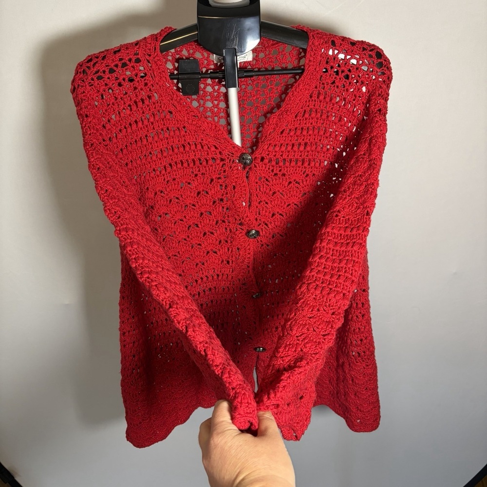 VTG 1X Red Crochet Open Knit 3/4 Sleeve Cottage Cardigan Button Grandma 90s Y2K - Picture 5 of 15